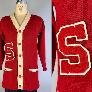1930s Stan’s Stanford Sweater | Vintage 30s Cardinal Red Wool Collegiate Button Up Cardigan w/White Trim & Chenille “S” Patch | Medium Large
