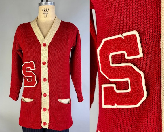 1930s Stan’s Stanford Sweater | Vintage 30s Cardinal Red Wool Collegiate Button Up Cardigan w/White Trim & Chenille “S” Patch | Medium Large