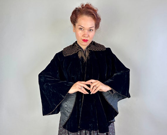 1800s Batty Betty Capelet | Victorian Antique Vintage Black Silk Velvet and Moire Taffeta Lining Shawl Cloak Cape with Soutache Collar