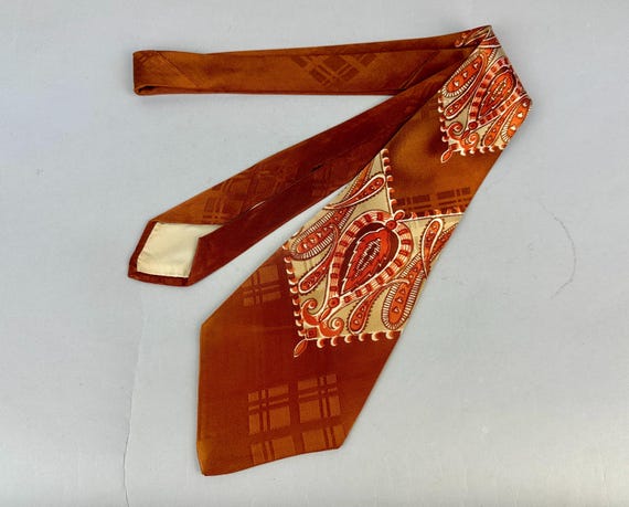 1940s Copper Cascades Necktie | Vintage 40s Silk Brocade Squares with Beige Chevrons of Whimsical Orange Paisley Suggestive Swirls Self Tie