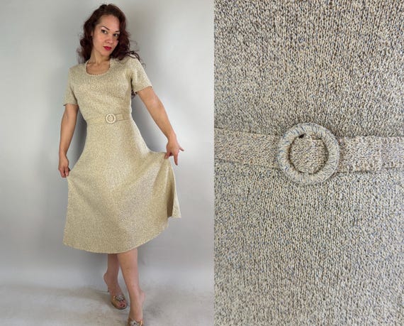 1950s Winter Wonderland Knit Dress | Vintage 50s Dove White Boucle Wool with Blue Gold Lurex Fleck Curve Hugging Frock & Belt | Small/Medium