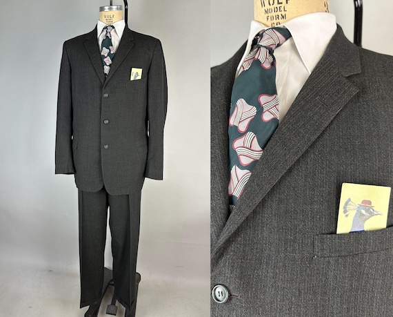 1950s Man About Town Suit | Vintage 50s Charcoal Grey Wool with Red and Gray Pinstripe Single Breasted Jacket and Trousers | Size 42 Large