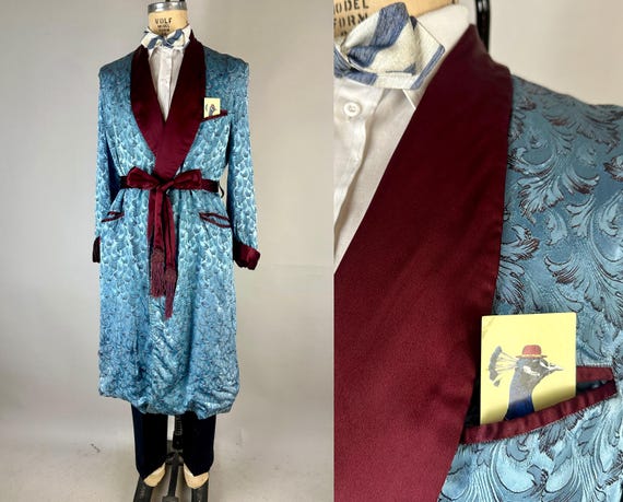 1940s Merlot in Maine Lounge Robe | Vintage 40s Blue and Deep Wine Red Rayon Satin Jacquard w/Scrolling Leaves Smoking Jacket | Small/Medium
