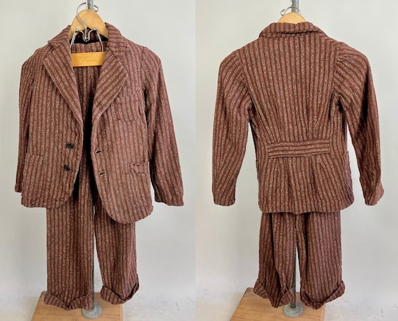 1930s Genteel Junior Belted Back Suit | Vintage 30s Kids Two Piece Brown Red Orange White and Black Nubby Stripe Wool Jacket & Trousers Set