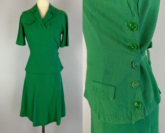 1930s Your Lucky Day Dress Ensemble | Vintage 30s Two Piece Shamrock Green Sportswear Blouse & Skirt Set with Side Buttons | Extra Small XS