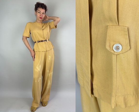 1940s Leisure and Laughs Two Piece Ensemble | Vintage 40s Yellow Drapey Rayon Gabardine Button Accent Shirt and High Waist Trousers | Small