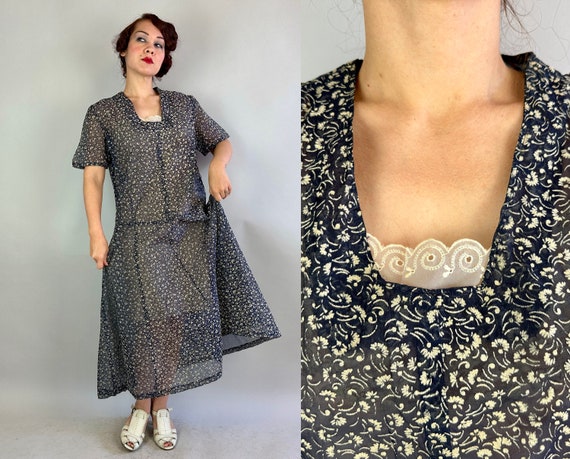 1920s Dandelion Seeds Flocked Frock | Vintage Antique 20s Navy Blue and White Sheer Cotton Voile Dropped Waist Summer Dess | Extra Large XL
