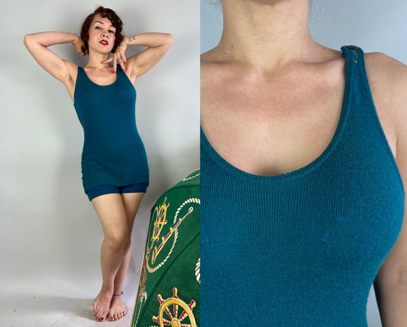 1920s Terrific Teal Swimsuit | Vintage 20s Blue Green Wool Art Deco One Piece Bathing Suit Swimwear w/ Black Button | Small Medium Large XL