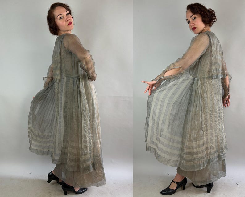 1910s Lithe Lady in Light Dress | Vintage Teens Antique Dove Grey Sheer ...