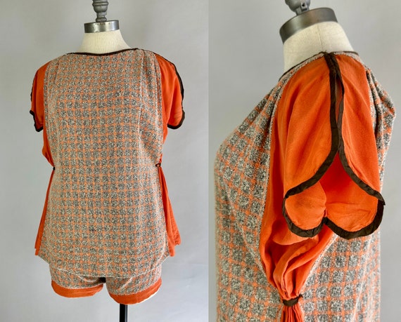 1920s Pajama Party Set | Vintage 20s Antique Two Piece Orange and Brown Silk and Black and White Terry Cloth Shorts and Top | Extra Small XS