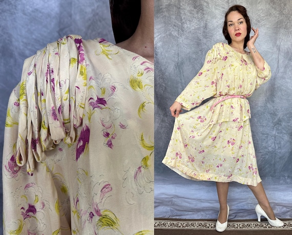 1940s Flirty Floral Fronds Frock | Vintage 40s Cream Chartreuse & Fuchsia Silk Dress w/Peplum and Asymmetric Looped Fringe | Extra Large XL