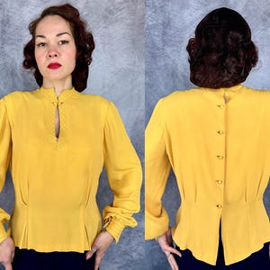 1940s The Perfect Match Blouse | Vintage 40s Yellow Rayon Crepe Poet Sleeve Button Back Shirt Top w/Diamond Check Quilting | Medium Large XL image 10