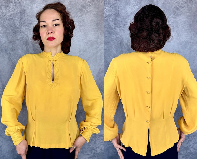 1940s The Perfect Match Blouse | Vintage 40s Yellow Rayon Crepe Poet Sleeve Button Back Shirt Top w/Diamond Check Quilting | Medium Large XL image 10