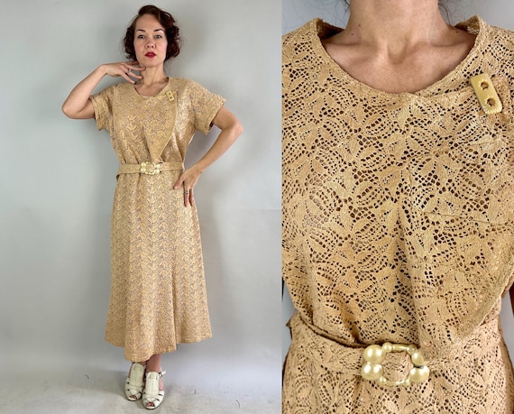 1930s Dandy Deco Day Dress | Vintage 30s Latte Cream Cotton Open Stitch Lacey Leaf Crochet Frock with Brooch and Belt | Extra Large XL