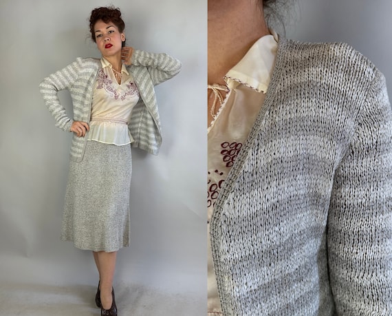 1950s Silver Sally Ensemble | Vintage 50s Grey on Gray Stripes Ribbon Knit Two Piece Jacket and Skirt Set | Small Medium Large XL