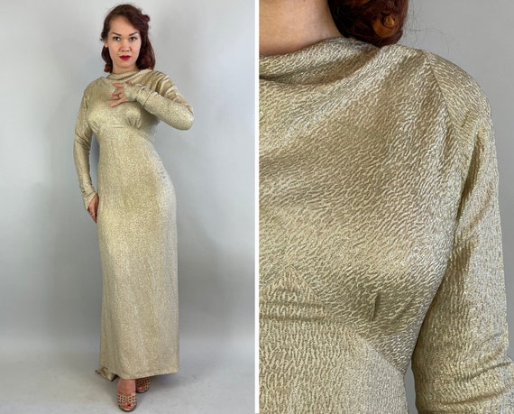 1930s Holy Grail Hollywood Gown | Vintage 30s Shimmery Gold Lamé Evening Dress with Train Deco Seaming Button Back and Pointed Cuffs | Small