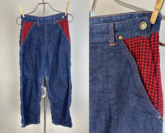 1950s Blue Jean Baby Jeans | Vintage 50s Indigo Blue Denim Dungarees Side Zip Pants with Red Houndstooth Flannel Accents | Extra Small XS