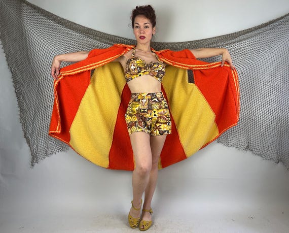 1960s Big Top at the Beach Cape | Vintage 60s Orange and Yellow Circus Stripe Wool Chenille Knit Cloak Wrap Coverup