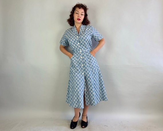 1940s Hypnotic Hexagons Dress | Vintage 40s Blue … - image 5