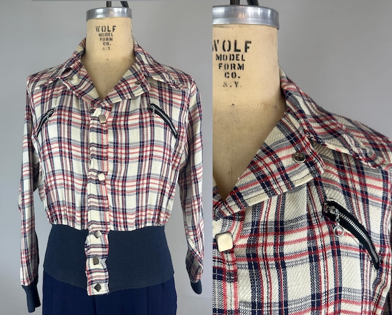 1940s Style Glad Plaid Gaucho Shirt | 70s does 40s Vintage Blue White and Red Check Pattern Diamond Snap Up Sportswear Top | Medium