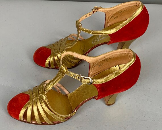 1930s Glamorous T-Strap Heels | Vintage 30s Evening Cocktail Sandal Shoes in Lipstick Red Suede Leather and Gold | US Size 5.5-6