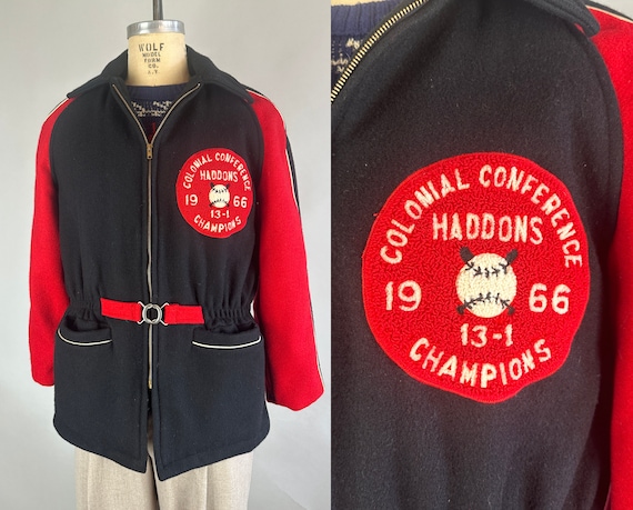 1960s We are the Champions Coat | Vintage 60s Red & Black 2-Tone Color Block Belted Sportswear Ski Jacket Dated 1966! | Size 36 Small Medium