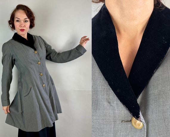 1910s Gentry Jaqueline Jacket | Vintage Antique Teens Grey Wool Equestrian Suit Coat with Black Velvet Collar and Curved Pockets | Medium