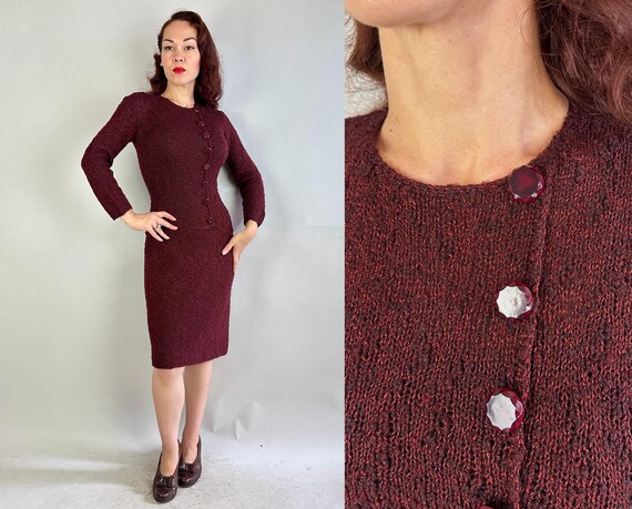 1950s Sparkle and Spice Knit Dress | Vintage 50s Ox Blood Red Wool & Scarlet Lurex Frock w/Asymmetric Faceted Buttons | Small Medium Large
