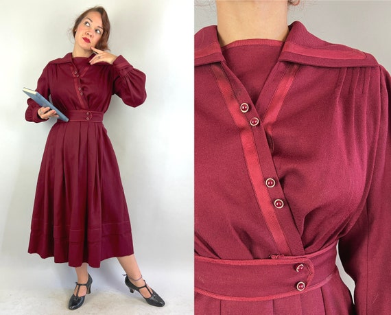 1910s Smart Girl Chic Dress | Vintage Antique Edwardian Teens Ox Blood Red Wool Frock w/Pointed Sailor Collar and Asymmetric Buttons | Small