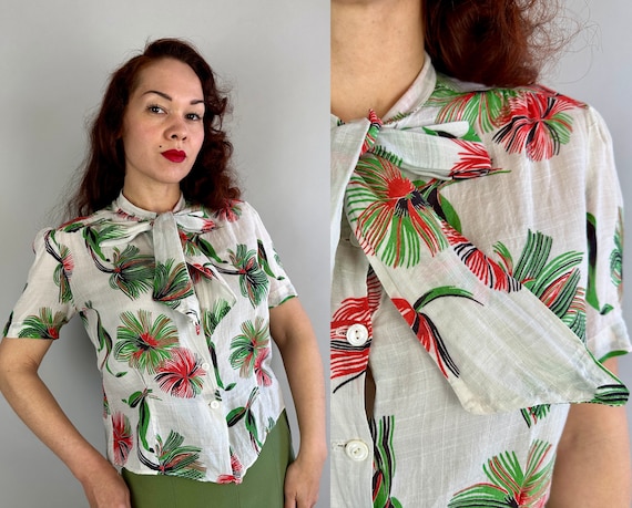 1930s Fabulous Floral Blouse | Vintage 30s White Cotton Voile Button Up Shirt w/Red & Green Lehua Flowers and Pussy Bow | Small Medium Large