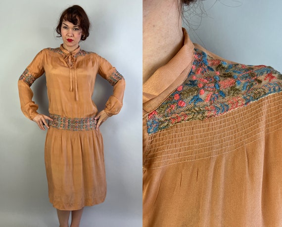 1920s Pretty in Peach Peasant Dress | Vintage 20s Orange Silk Frock w/Blue Pink & Gold Metal Embroidered Tambour Lace Insets | Small Medium