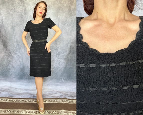 1950s Wiggle in Squiggles Knit Dress | Vintage 40s Black Boucle Wool Form Fitting Hourglass Curvy Ribbon Stripe Frock | Medium Large XL