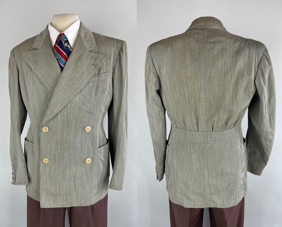 1930s Tropical Tycoon Blazer | Vintage 30s Slate Grey Wool Belted Back Jacket Sport Coat with Orange Windowpane Stripe  | Size 36 Small