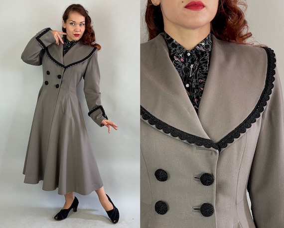 1940s Stormy Weather Princess Coat  | Vintage 40s Cloud Grey Wool Full Skirted Shawl Long Jacket with Black Braid Trim and Buttons | Small