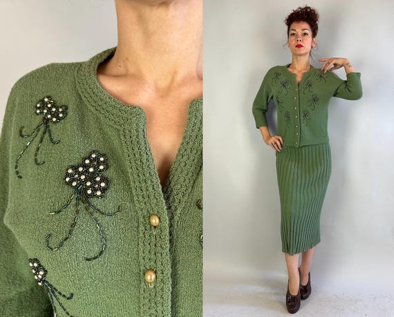 1950s Under the Sea Knit Ensemble | Vintage 50s Two Piece Seafoam Green Wool Cardigan Sweater & Skirt w/Beaded Jellyfish | Medium Large XL