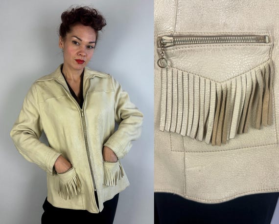 1950s Beauty in Buckskin Jacket | Vintage 50s Ivory White Deerskin Leather Zip-Up Coat with Fringe Zipper Pockets | Large Extra Large XL