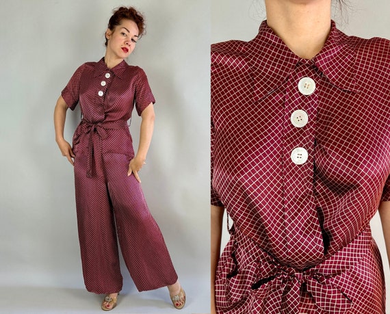 1930s Sassy Snooze Set | Vintage 30s Maroon and White Windowpane Rayon Satin 3-Piece Pajama Shirt & Pants Lounge Ensemble Sleepwear | Medium
