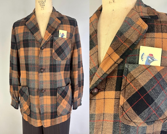 1950s Disneyland Frontierland Plaid Jacket | Vintage 50s Brown Orange Gray "Pendleton" 49ers Wool Coat with Leather Knot Buttons | Medium