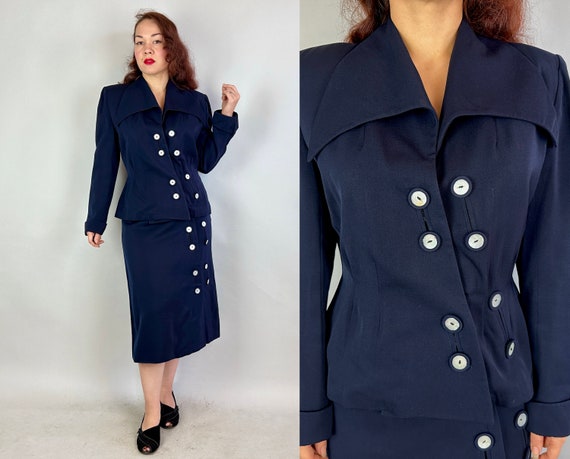 1940s Fall in Line Suit | Vintage 40s “Lilli Ann” Navy Blue Wool Jacket + Skirt Set w/Shell Asymmetric Buttons and Padded Shoulders | Large