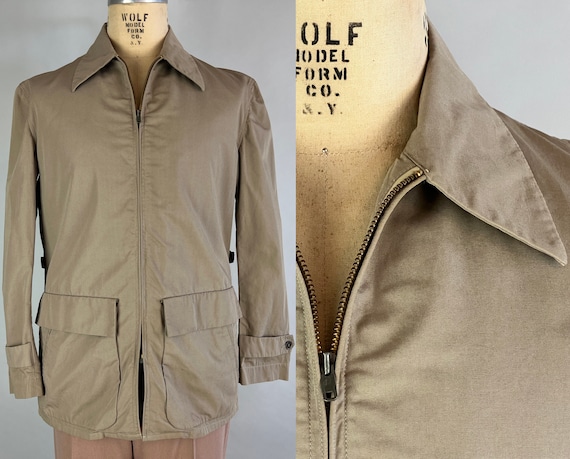 1950s Khaki Ken Sporting Jacket | Vintage 50s Beige "Abercrombie & Fitch" Cotton Action Back Coat w/Waist Adjusters | Medium/Large