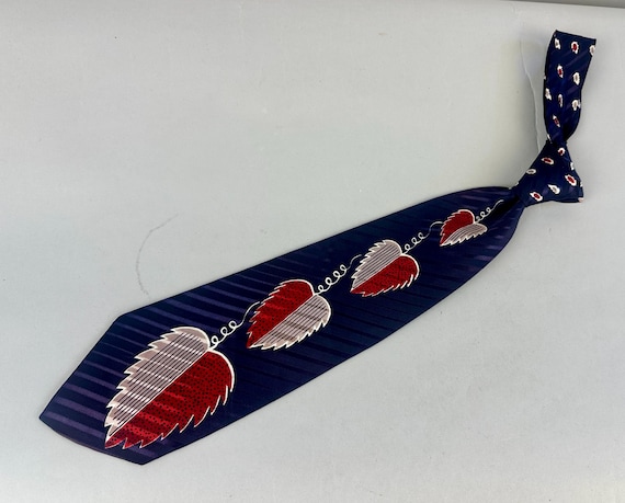 1940s Through the Grapevine Necktie | Vintage 40s Red Blue and Icy Mauve Rayon Brocade  Self Tie Cravat with Grape Leaf Pattern