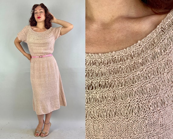 1940s Va Va Voom Valerie Knit Dress | Vintage 40s Baby Pink with Silver Lurex Wool Sweater Frock with Striped Purls | Large Extra Large XL