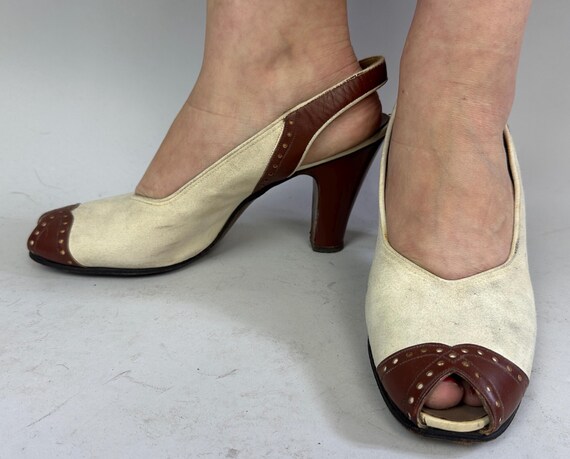 1940s Splendiferous Spectator Pumps | Vintage 40s Brown Leather and White Suede 2-Tone Slingback High Heel Shoes with Peep Toes | Size US 9