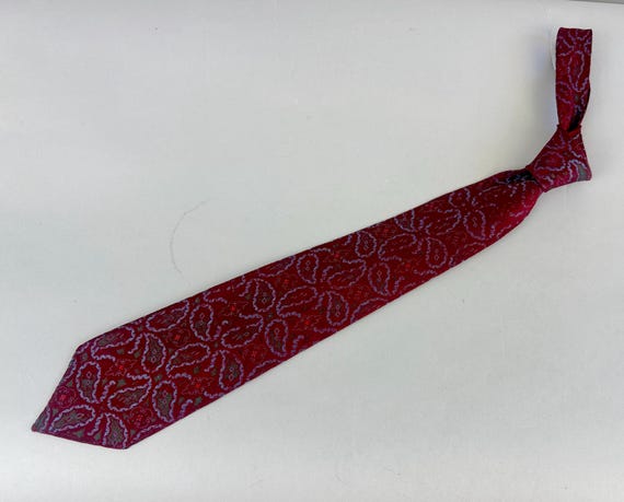 1920s Positively Paisley Necktie | Vintage Antique 20s Ox Blood Red Blue and Green Paisleys Silk Jacquard Self Tie Cravat