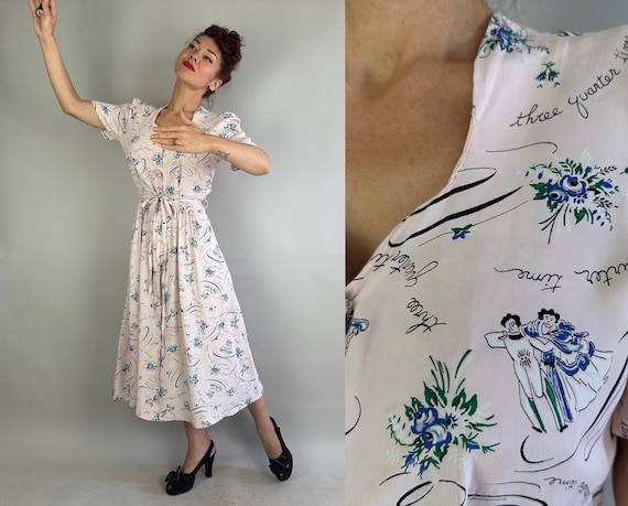 1940s Shall We Dance Dress | Vintage 40s Pink Blue Green and Black 3/4 Time Waltz Novelty Rayon Frock w/Dancing Couples & Flowers | Medium