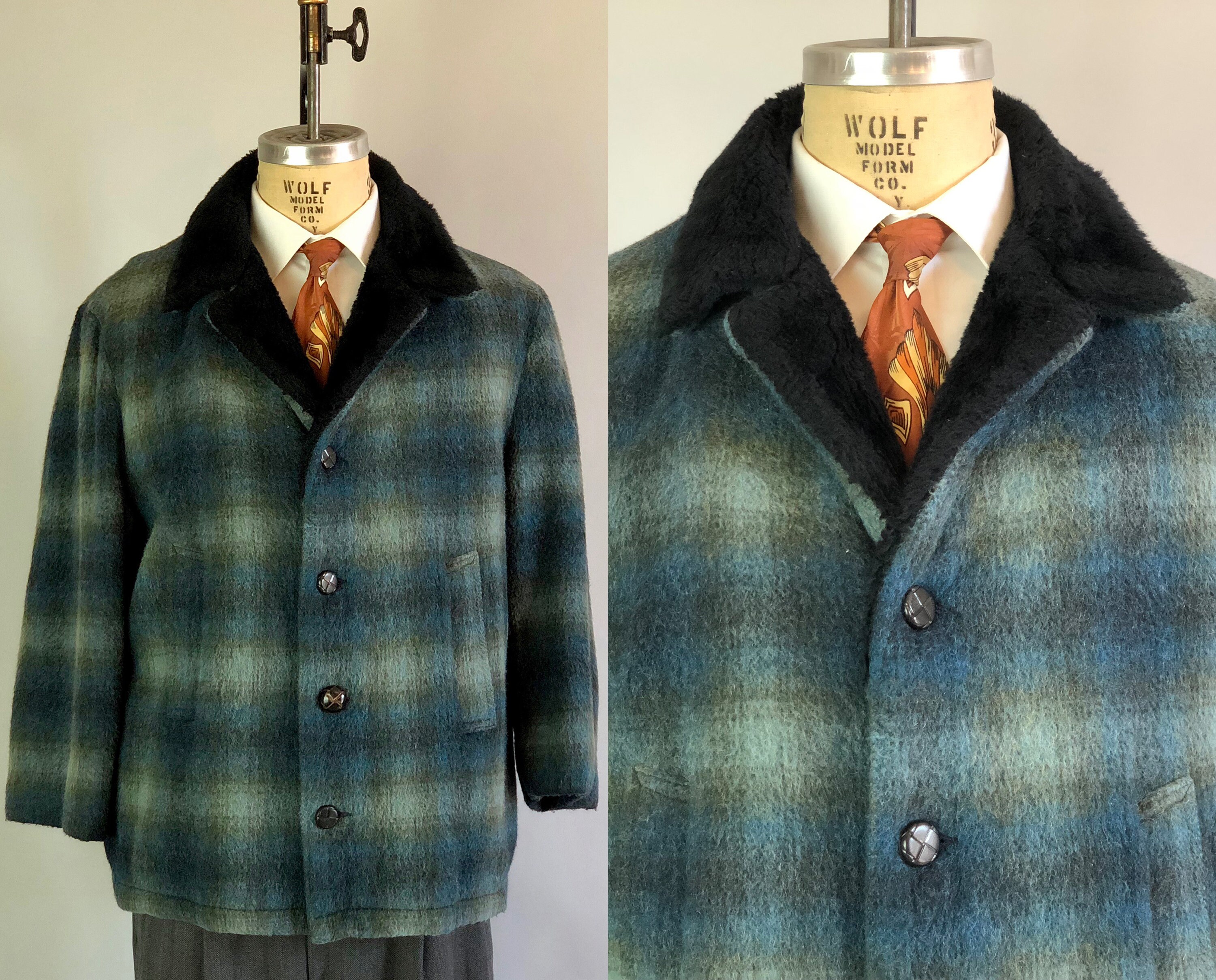 1950s Mens Shadow Plaid Car Coat Vintage 50s Ocean Blue & Moss Green