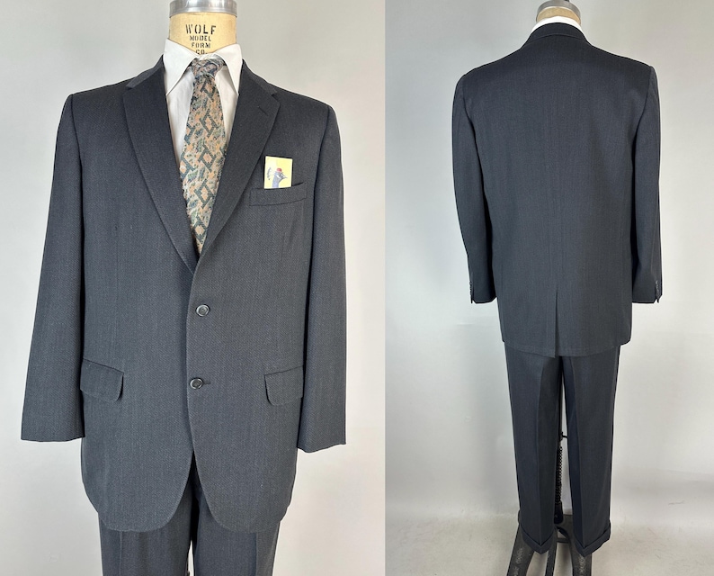 1950s Don't Fence Me In Suit | Vintage 50s Two Piece Charcoal Grey Wool Jacket & Trousers Set w/Chain Link Fishnet Weave | Size 42 Large image 5