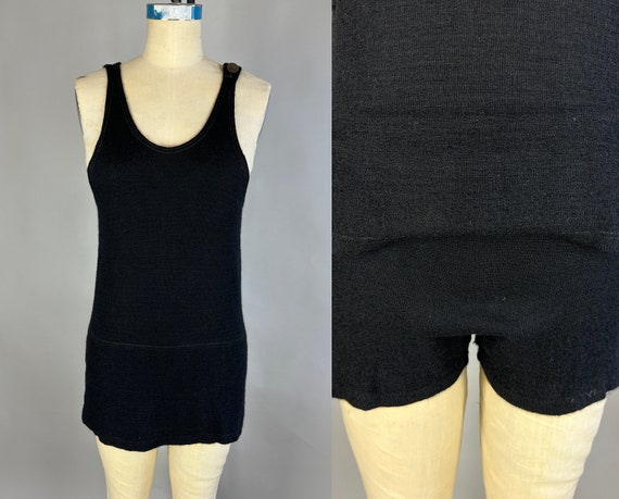 1920s Knockout Knick Knit Swimsuit | Vintage 20s Black Wool One Piece Bathing Suit Swimwear with Skirted Shorts | Medium Large