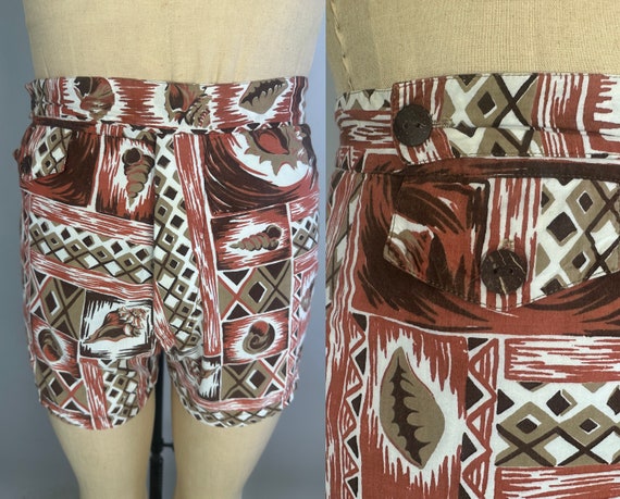 1950s Conch Shell Cabana Shorts | Vintage 50s Cotton Brown White and Orange Tiki Print Hawaiian Swimsuit Swim Trunks from Honolulu | Small