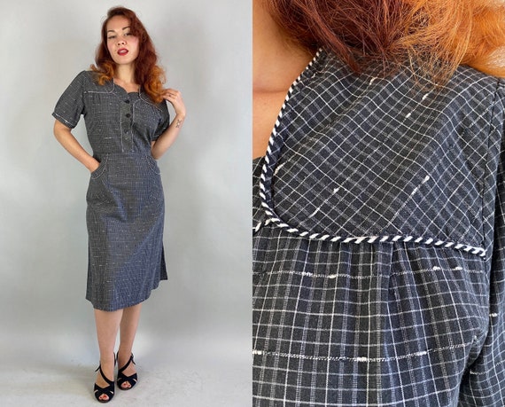 1940s Perfect Fit Frock | Vintage 40s Grey and White Check Plaid Cotton Shirtwaist Day Dress with Piping and Pockets | Large Extra Large XL